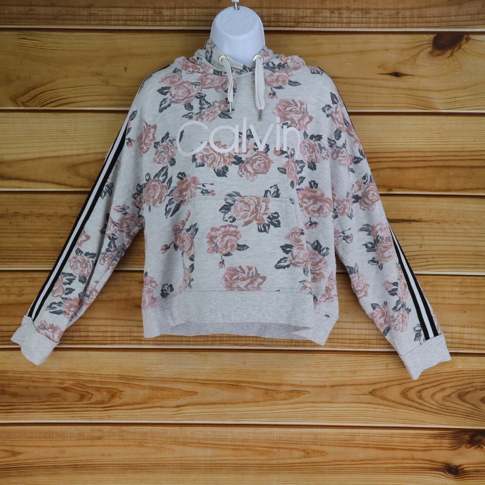 Calvin Klein Performance Sweatshirt Womens Size XL Gray Floral Hooded Drawstring